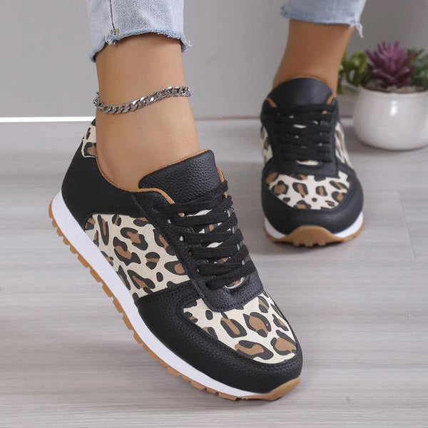 Fashoin Leopard Print Lace - up Sports Shoes For Women Sneakers Casual Running Walking Flat Shoes - Amazitshop