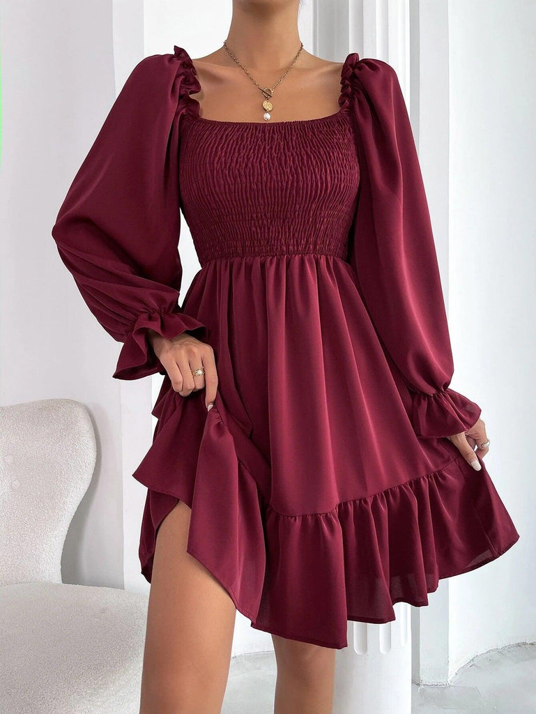 Flared Long Sleeve Dresses Women Square Neck Ruffled Swing Dress - Amazitshop