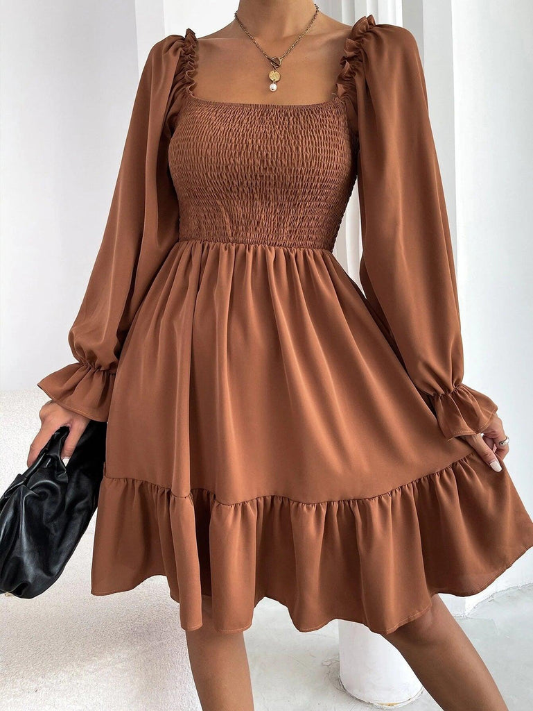 Flared Long Sleeve Dresses Women Square Neck Ruffled Swing Dress - Amazitshop