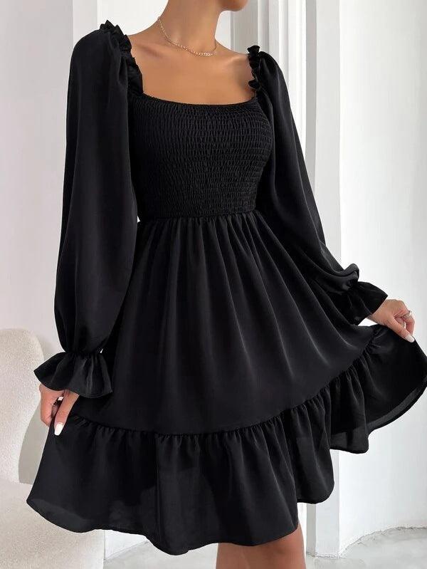 Flared Long Sleeve Dresses Women Square Neck Ruffled Swing Dress - Amazitshop