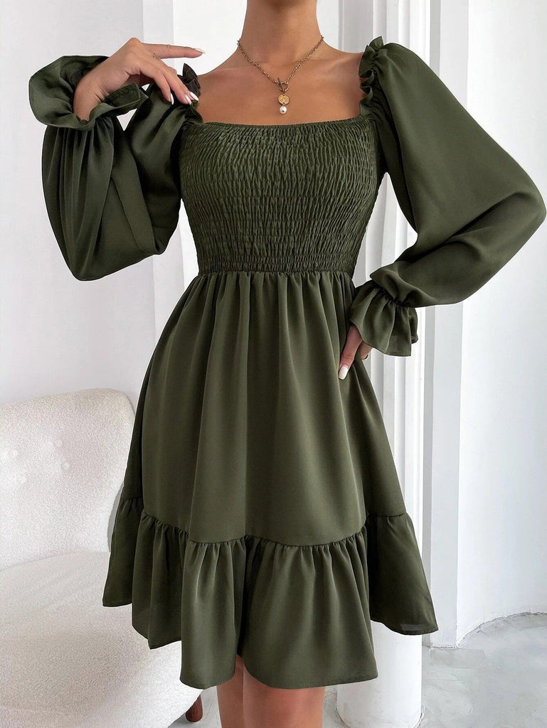 Flared Long Sleeve Dresses Women Square Neck Ruffled Swing Dress - Amazitshop