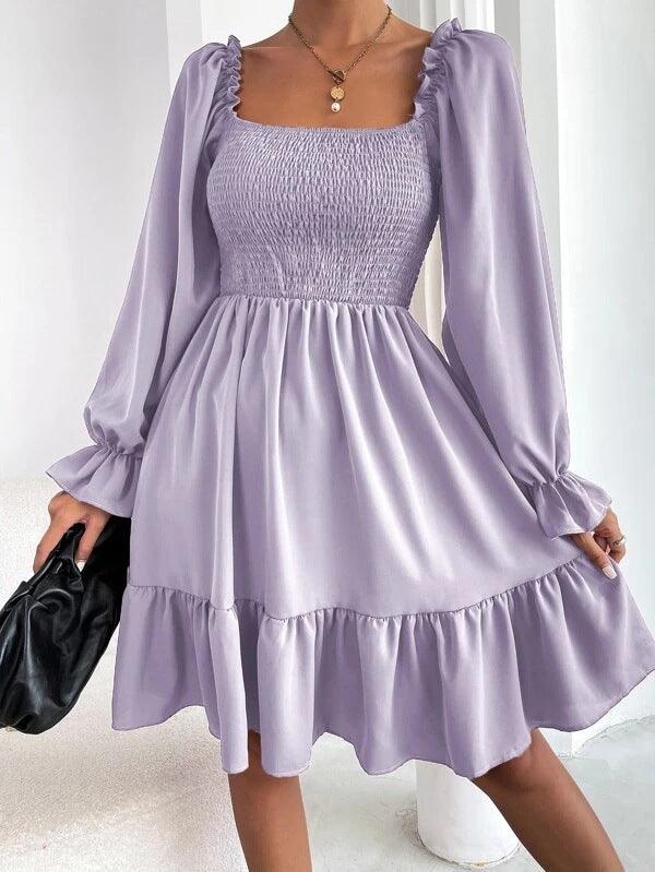 Flared Long Sleeve Dresses Women Square Neck Ruffled Swing Dress - Amazitshop