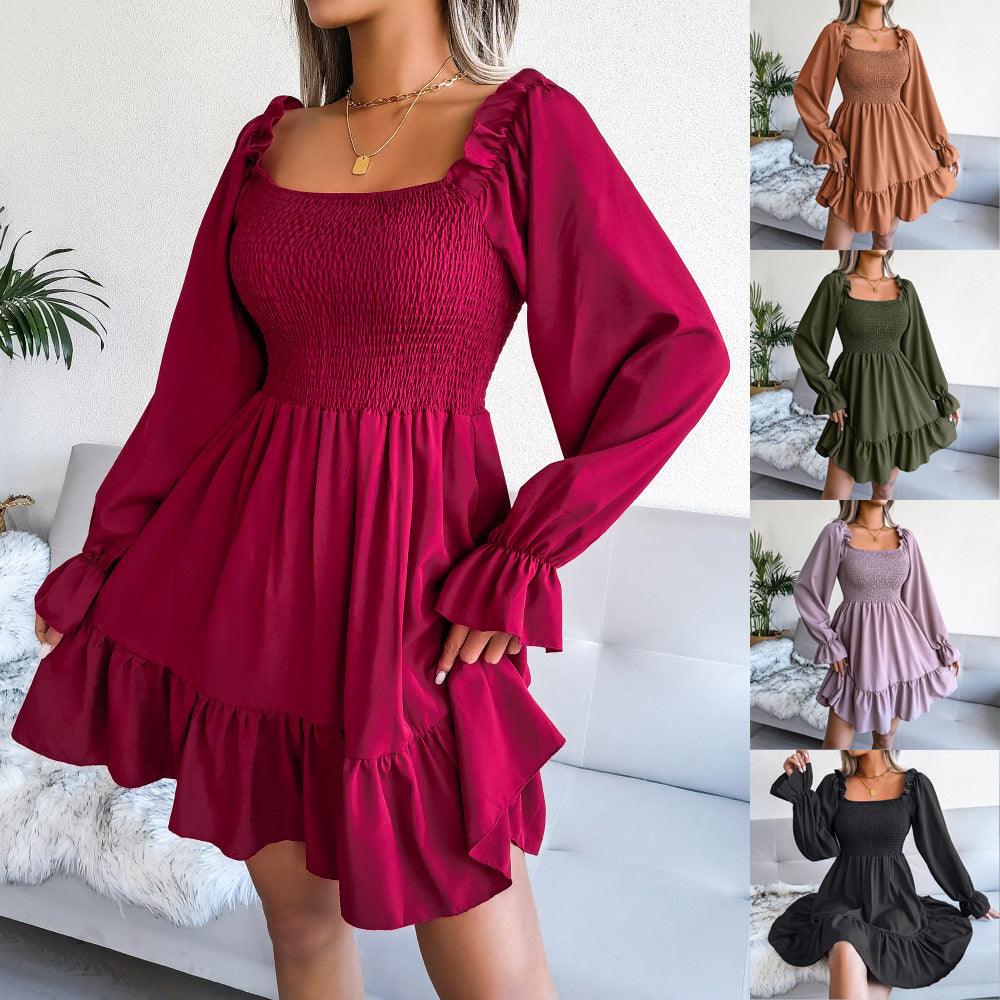 Flared Long Sleeve Dresses Women Square Neck Ruffled Swing Dress - Amazitshop