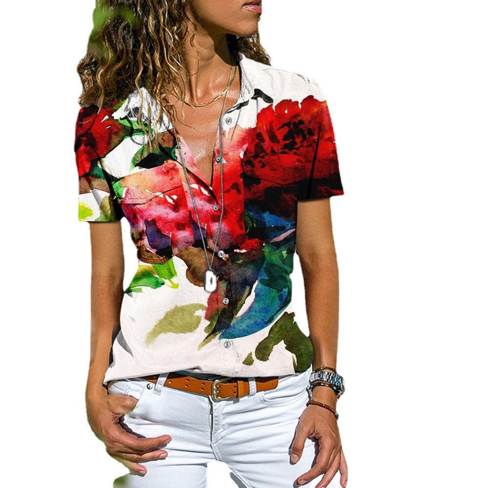 Floral Print Loose Short Sleeve Blouse - Amazitshop