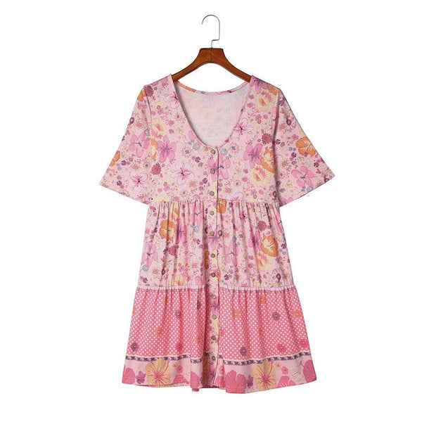 Floral Print Short Sleeve Dress Women's Clothing - Amazitshop