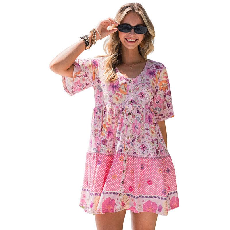 Floral Print Short Sleeve Dress Women's Clothing - Amazitshop
