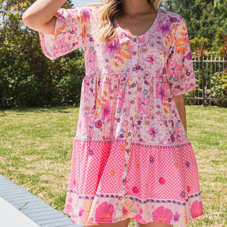 Floral Print Short Sleeve Dress Women's Clothing - Amazitshop