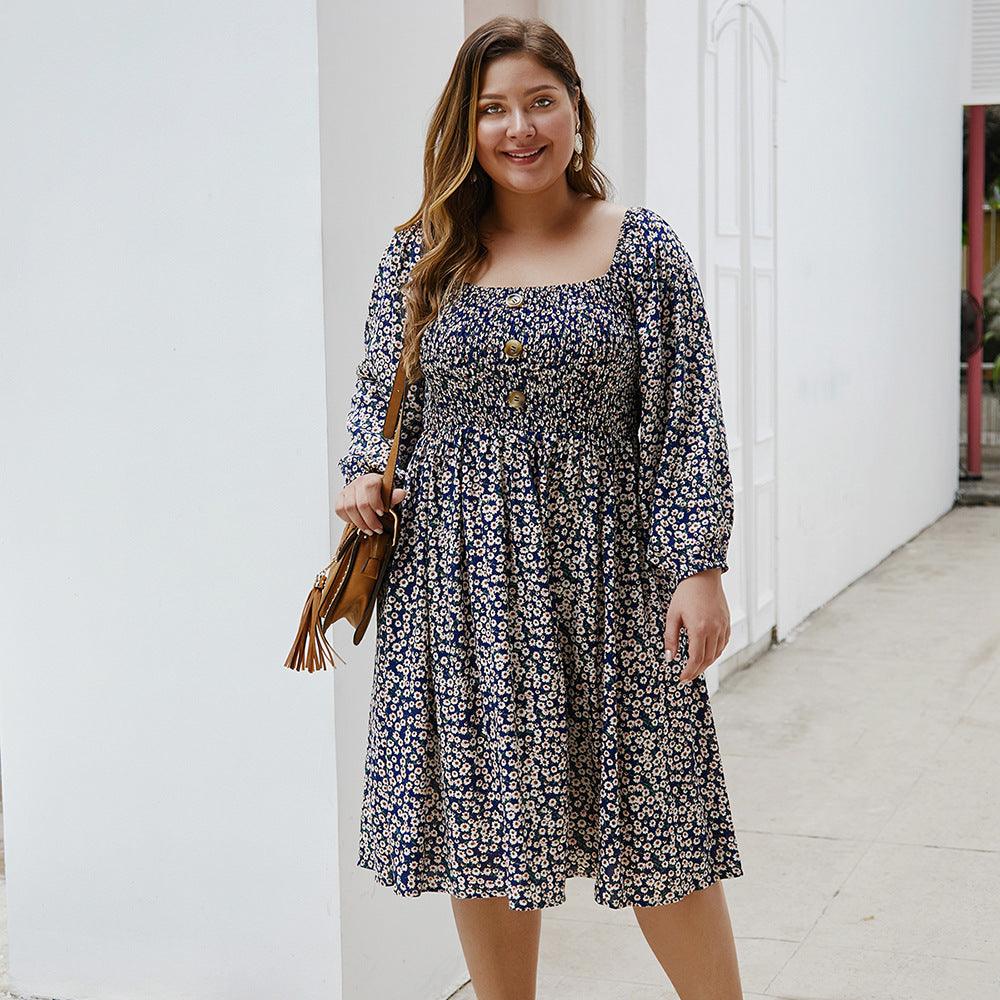 Floral Square Collar Plus Size Dress - Amazitshop