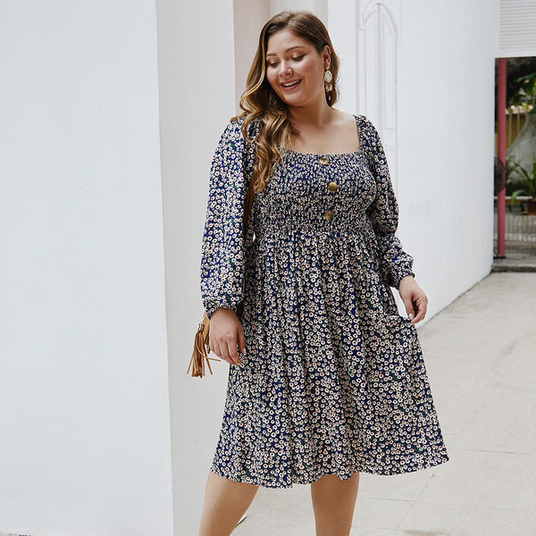 Floral Square Collar Plus Size Dress - Amazitshop