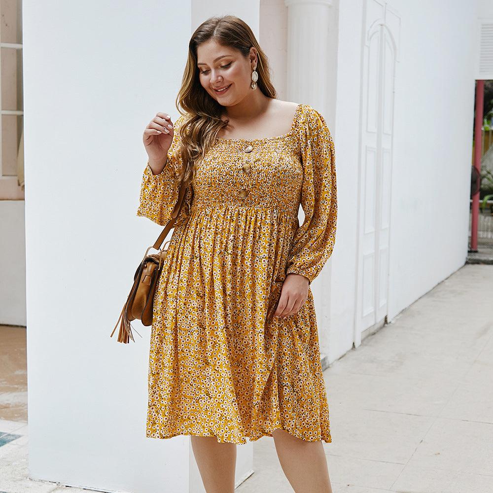Floral Square Collar Plus Size Dress - Amazitshop