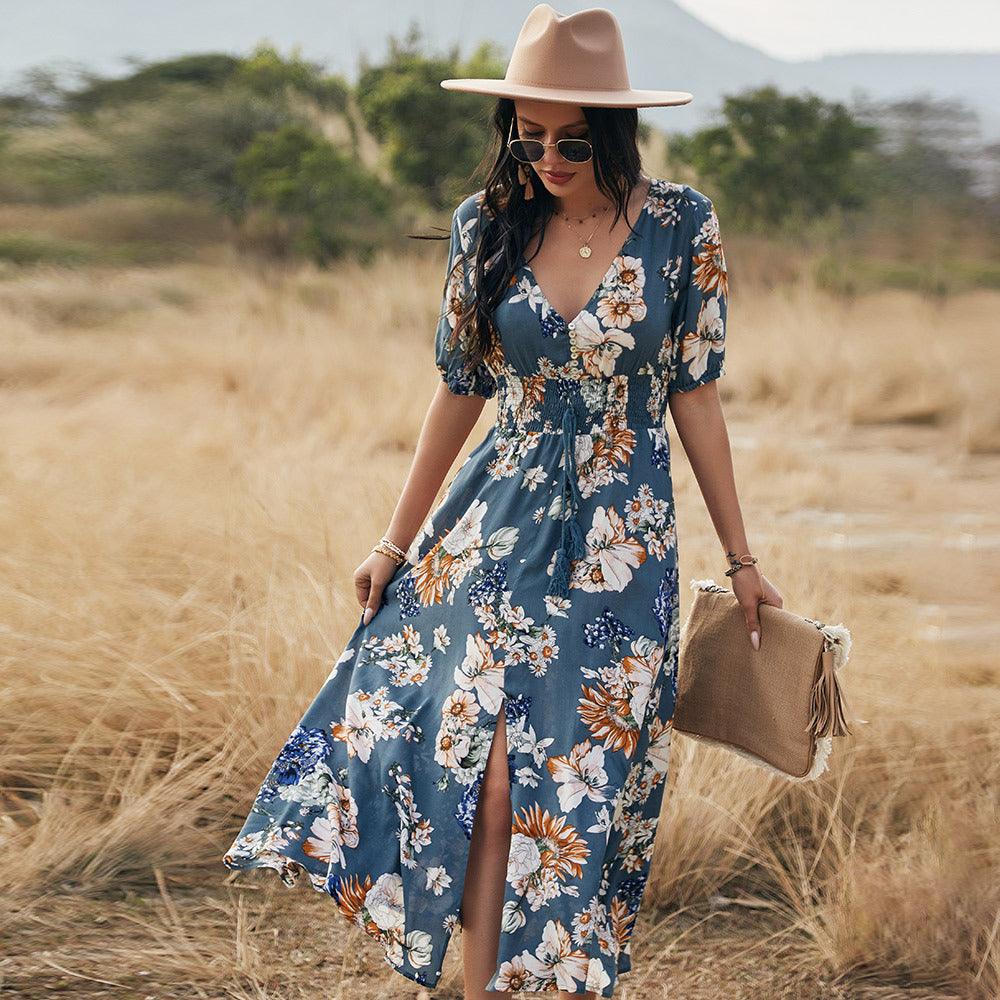 Floral Summer Beach Dress With V Neck Elastic Waist Dresses For Women - Amazitshop