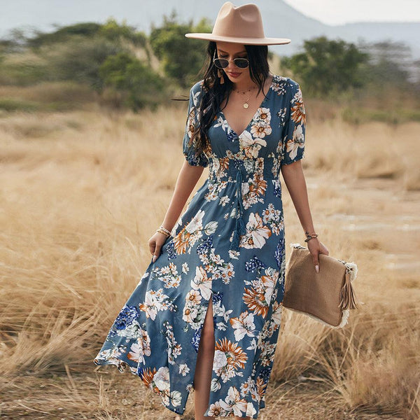 Floral Summer Beach Dress With V Neck Elastic Waist Dresses For Women - Amazitshop