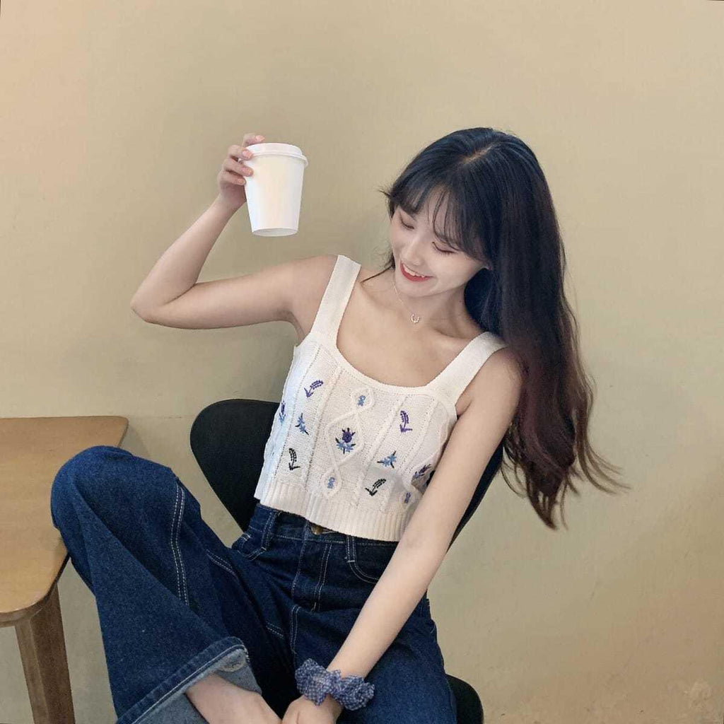 Flower Embroidery Knitted Crop Tops Camis Strappy Tanks Cute - Amazitshop