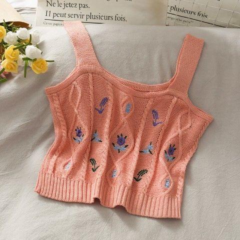 Flower Embroidery Knitted Crop Tops Camis Strappy Tanks Cute - Amazitshop
