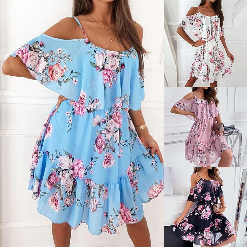 Flower Printed Dress Summer V - neck Stitching Off - the - shoulder Strap Dress - Amazitshop