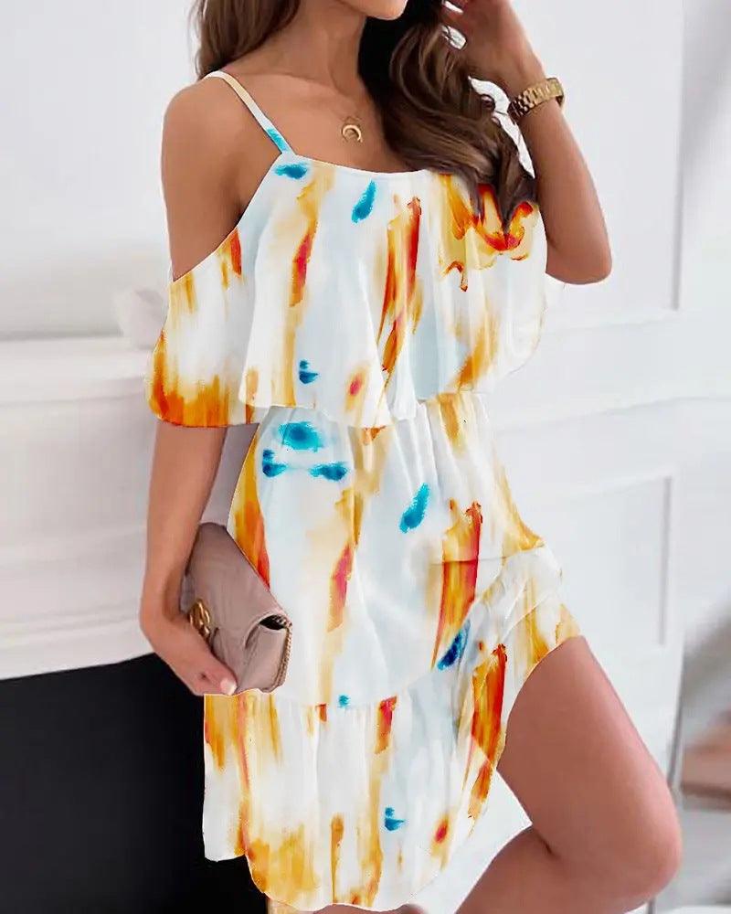 Flower Printed Dress Summer V - neck Stitching Off - the - shoulder Strap Dress - Amazitshop