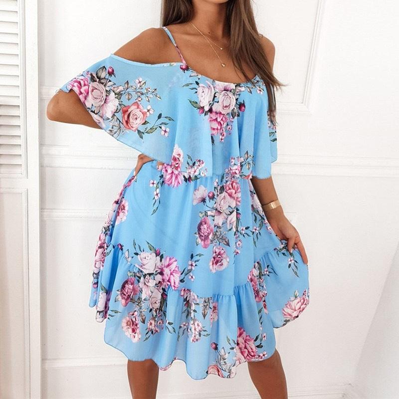 Flower Printed Dress Summer V - neck Stitching Off - the - shoulder Strap Dress - Amazitshop