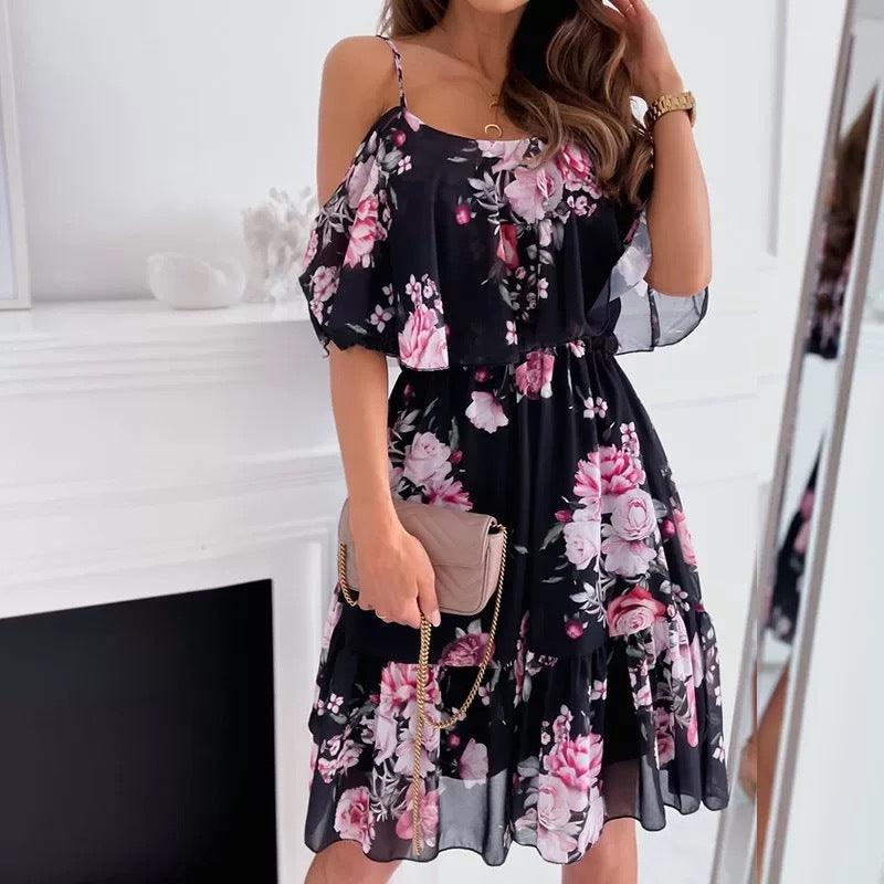 Flower Printed Dress Summer V - neck Stitching Off - the - shoulder Strap Dress - Amazitshop