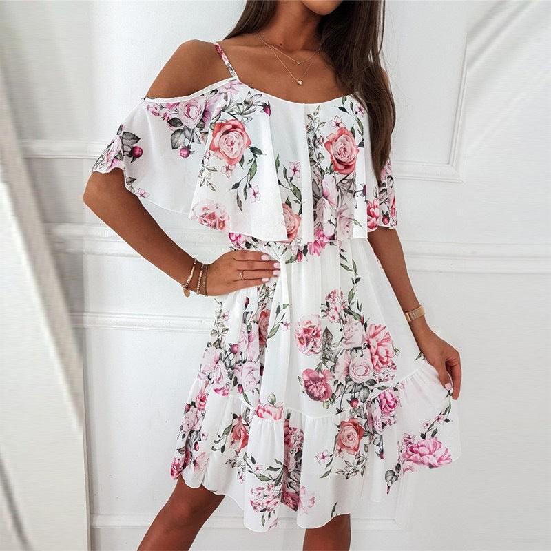 Flower Printed Dress Summer V - neck Stitching Off - the - shoulder Strap Dress - Amazitshop