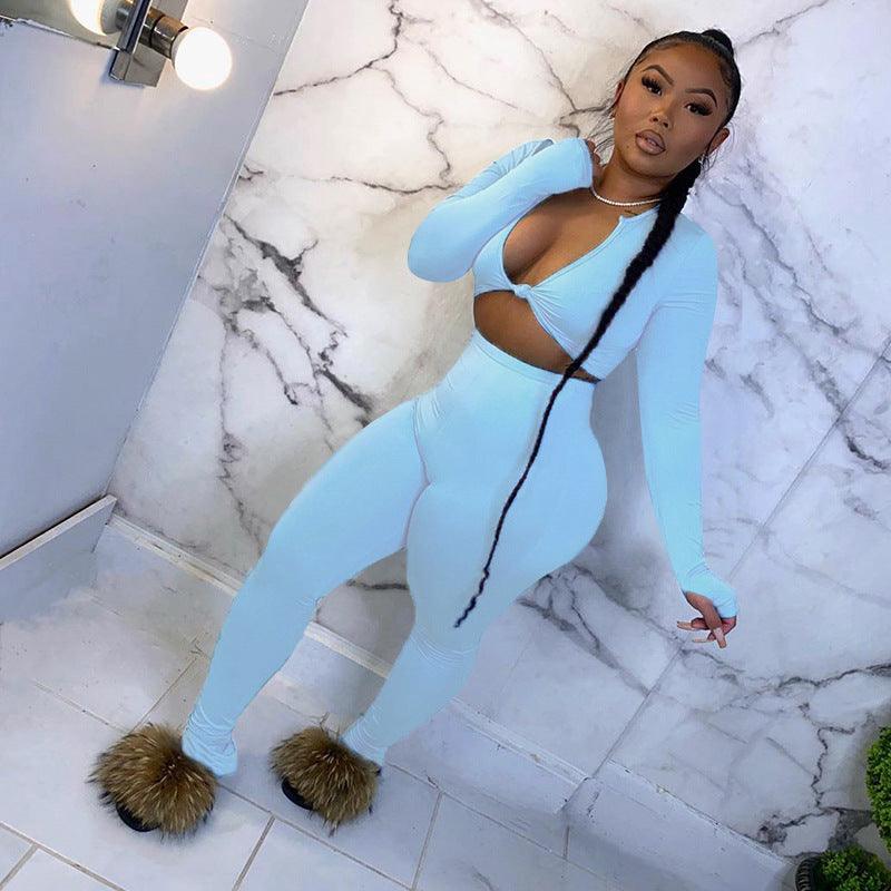 FQLWL Casual Summer 2 Two Piece Set Women Pink Outfit Long Sleeve Crop Top Leggings Women Joggers Matching Sets Ladies Tracksuit - Amazitshop