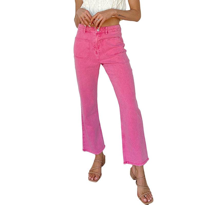 Frayed Hem Bell - bottom Trousers Casual High Waist Jeans - Amazitshop