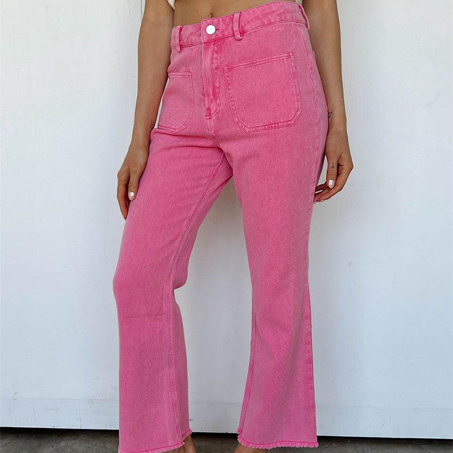 Frayed Hem Bell - bottom Trousers Casual High Waist Jeans - Amazitshop