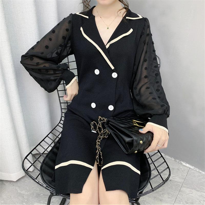 French Double - breasted Sweater Dress Long - sleeved Knitted Dress - Amazitshop