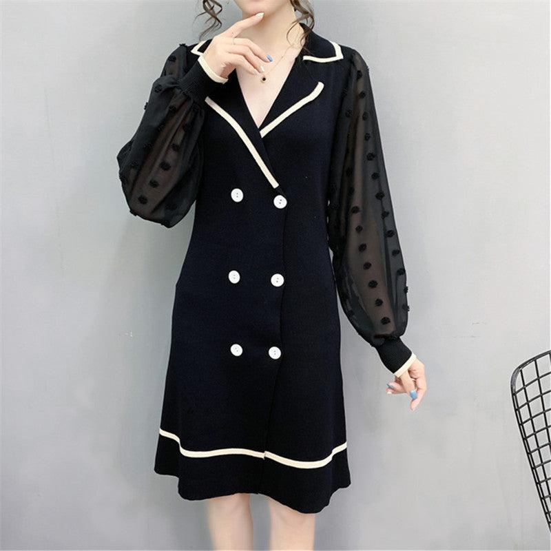 French Double - breasted Sweater Dress Long - sleeved Knitted Dress - Amazitshop