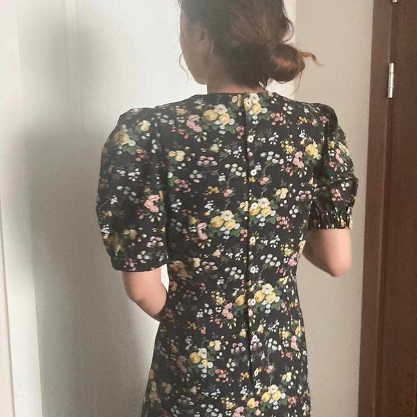 French Elegance Floral Puff Sleeve Dress - Amazitshop