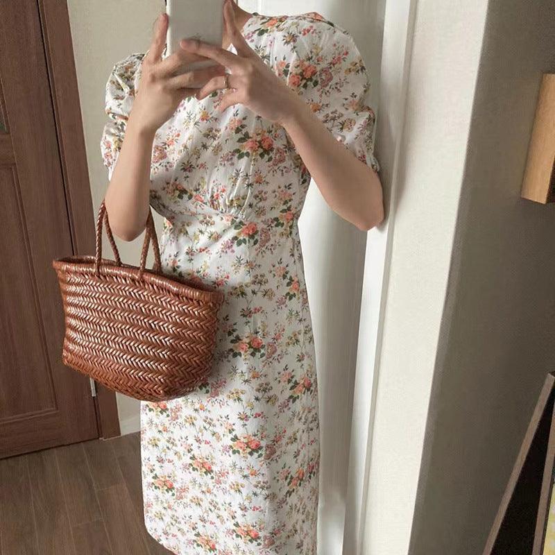 French Elegance Floral Puff Sleeve Dress - Amazitshop