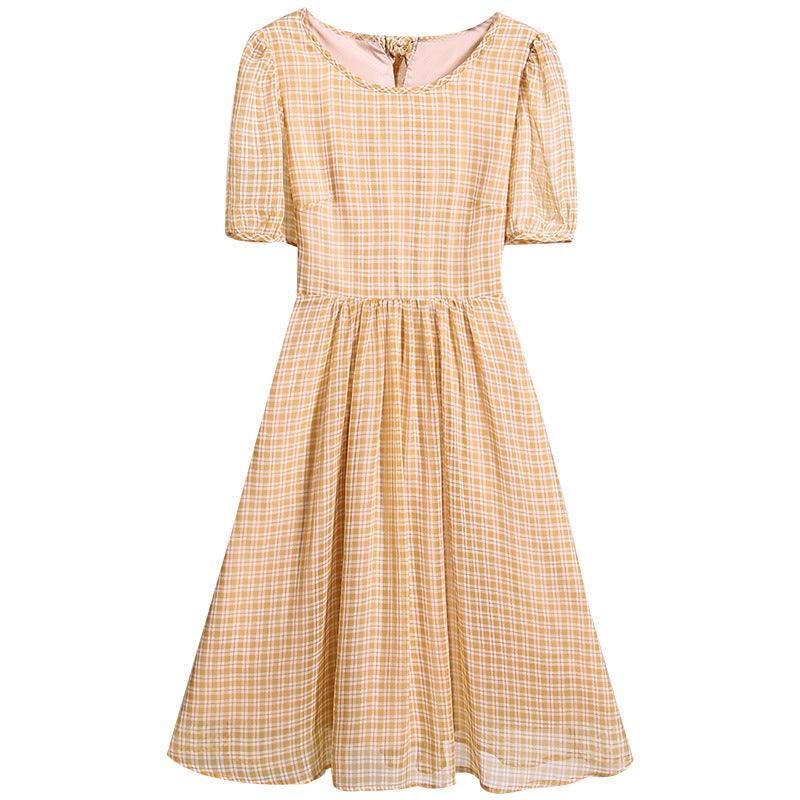 French Retro Plaid Skirt New Women's Western Style Chiffon Dress - Amazitshop