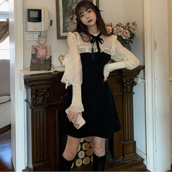 French Retro Stitching Dress Waist Slim Korean Style - Amazitshop