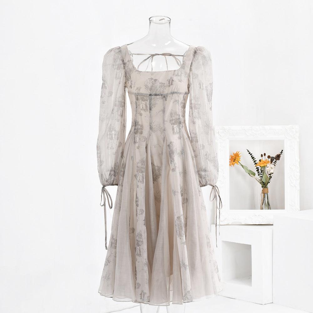 French Square Collar Printing Dress Women - Amazitshop