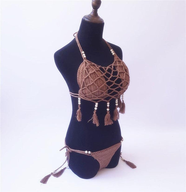 Fringed Three - piece Women's Split Swimwear Hollow Mesh Lace - up Dress - Amazitshop