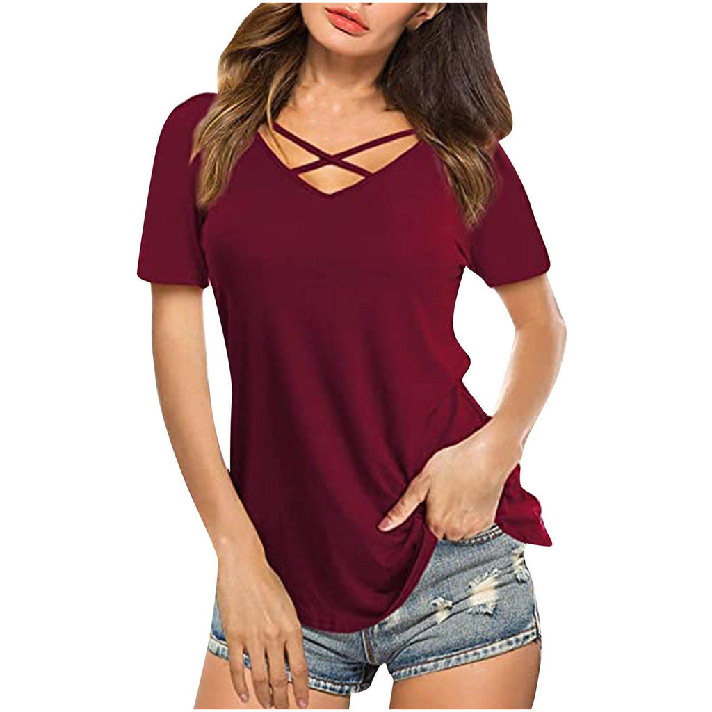 Front Cross VNeck Short Sleeve Loose TShirt Women - Amazitshop
