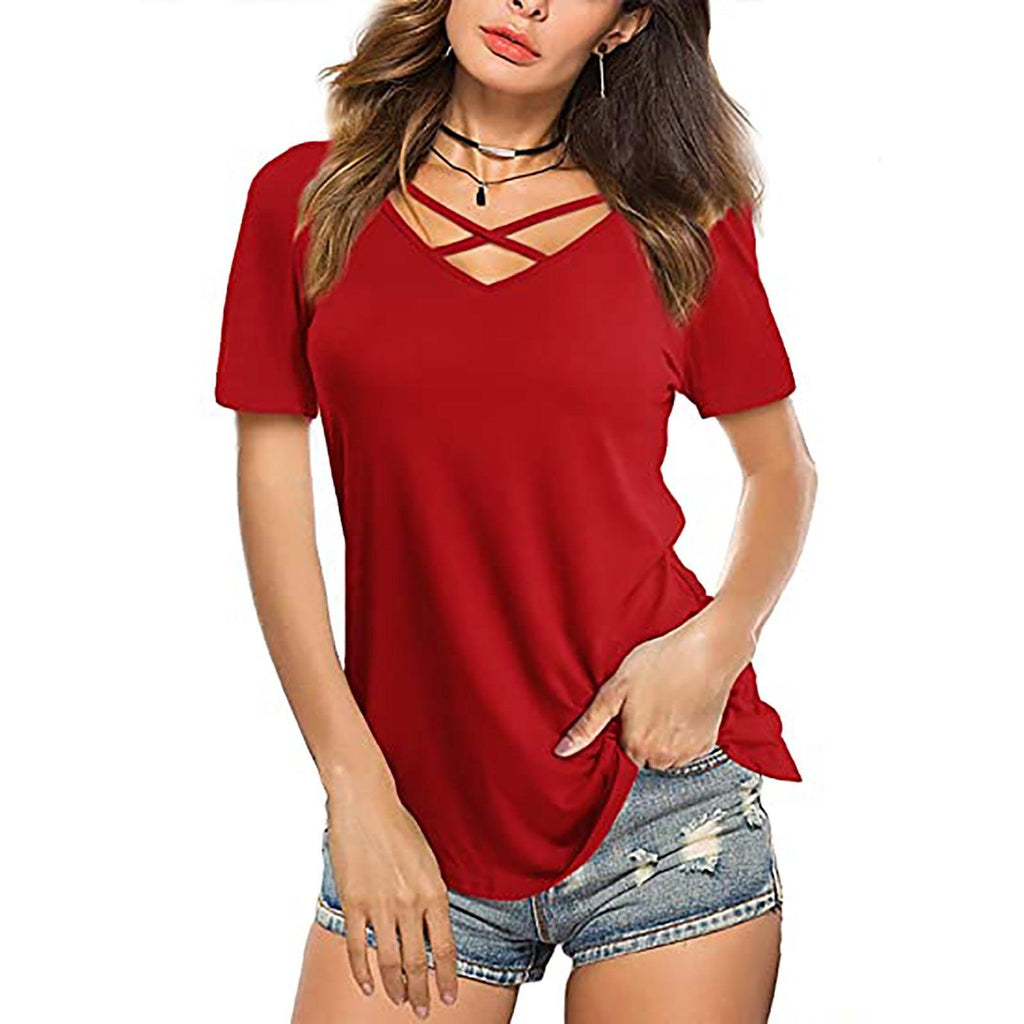 Front Cross VNeck Short Sleeve Loose TShirt Women - Amazitshop