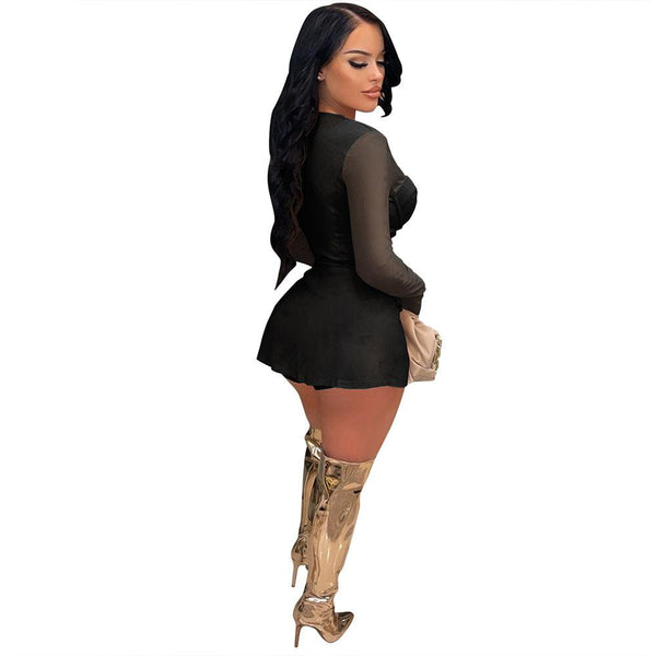 Gauze Mesh Sheer Two Piece Sportswear Women Beachwear Zip Top Black Shorts Set - Amazitshop