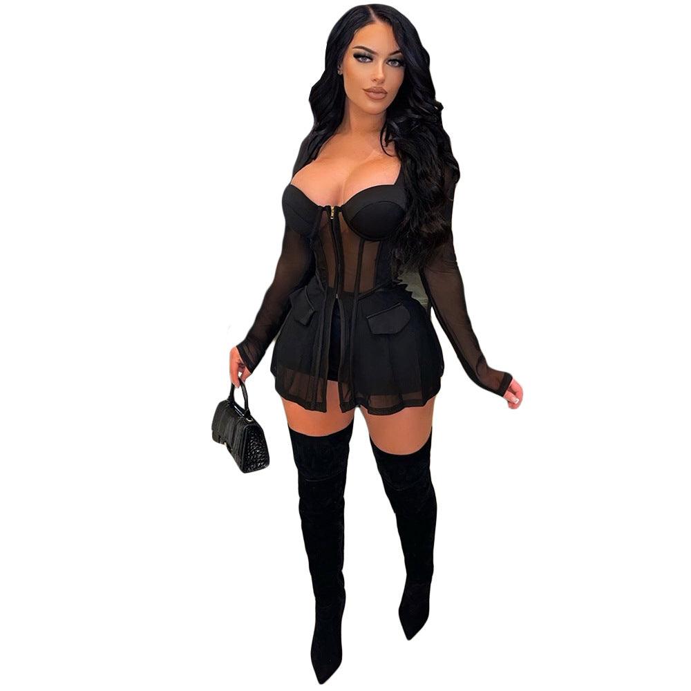 Gauze Mesh Sheer Two Piece Sportswear Women Beachwear Zip Top Black Shorts Set - Amazitshop