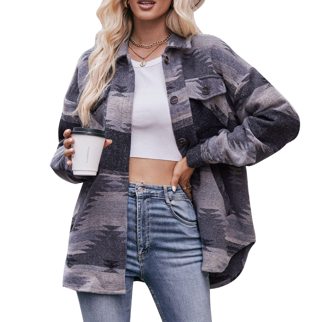 Geometric Print Jacket Shirt Winter Stand Collar Coats With Pockets Women's Outwear - Amazitshop