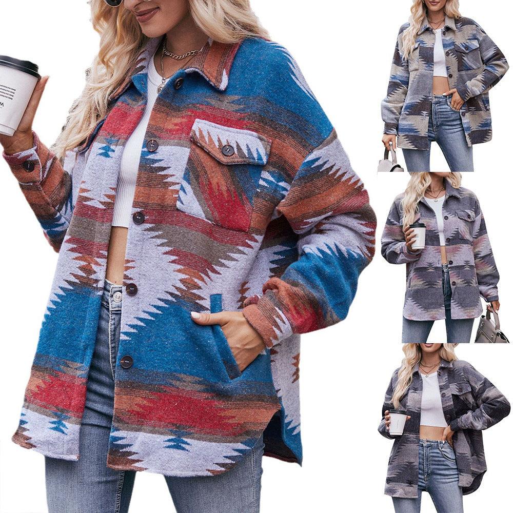 Geometric Print Jacket Shirt Winter Stand Collar Coats With Pockets Women's Outwear - Amazitshop