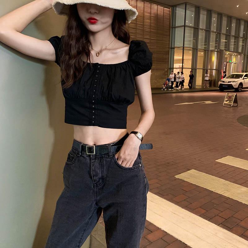 Ghost Horse Girl Retro Solid Color Navel Top - Amazitshop