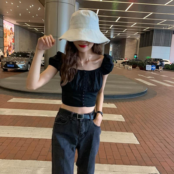 Ghost Horse Girl Retro Solid Color Navel Top - Amazitshop