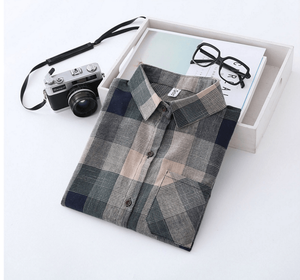 Girl Cotton Blouses Long Sleeve Plaid Blouse - Amazitshop