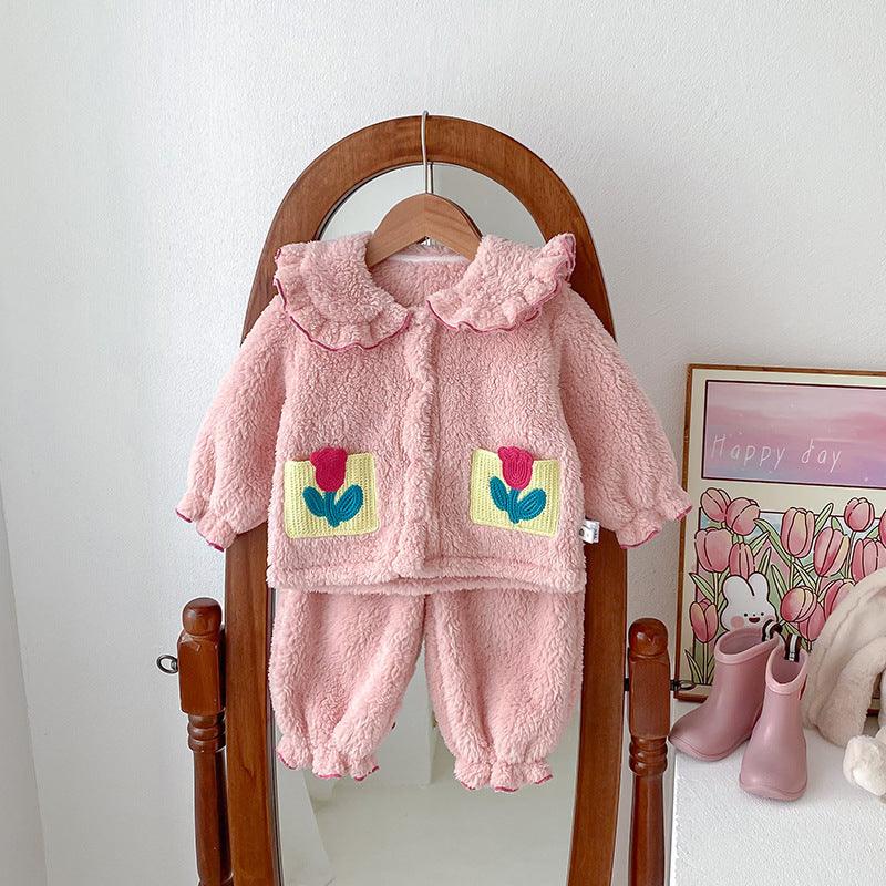 Girls' Autumn And Winter Thickened Velvet Home Clothes Warm Pajamas Set - Amazitshop