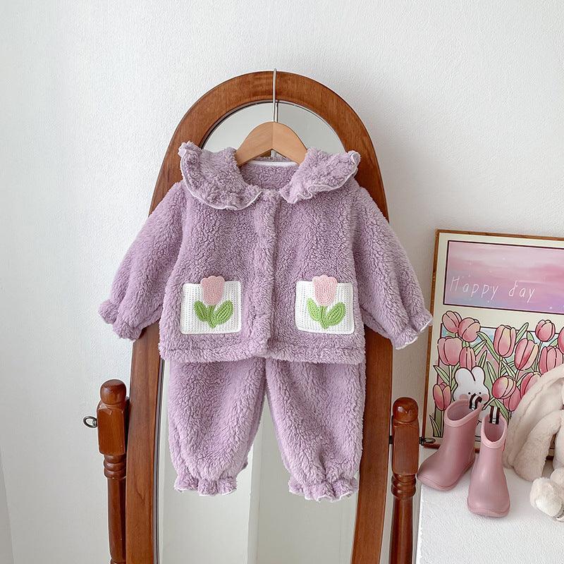Girls' Autumn And Winter Thickened Velvet Home Clothes Warm Pajamas Set - Amazitshop