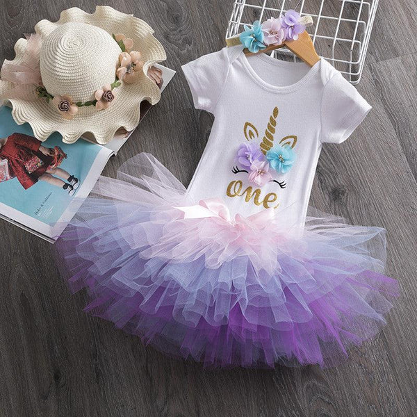 Girls' Birthday Dress Short SLeeved Top And Color Skirt And Accessories Three - piece Children's Wear - Amazitshop