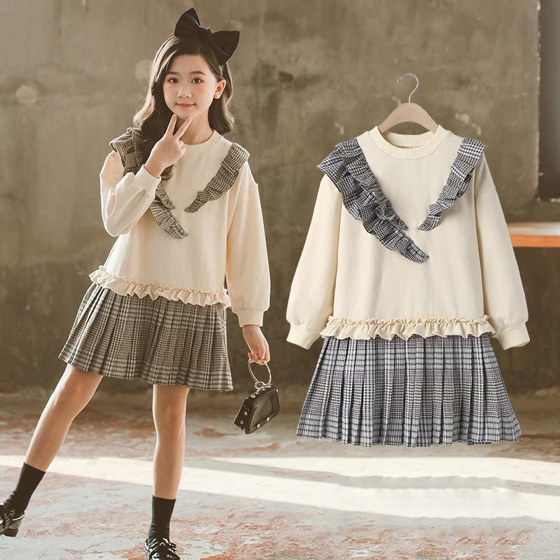 Girls' Dress In Big Kids Korean Style With Plaid Pleated - Amazitshop