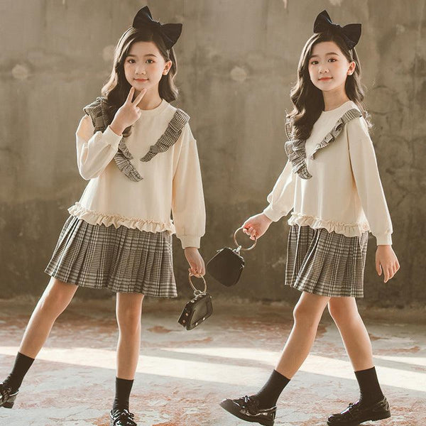 Girls' Dress In Big Kids Korean Style With Plaid Pleated - Amazitshop