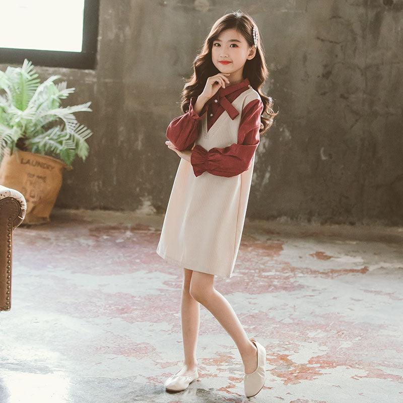 Girls' Dresses Big Children's Fake Two Fashionable Western Styles - Amazitshop