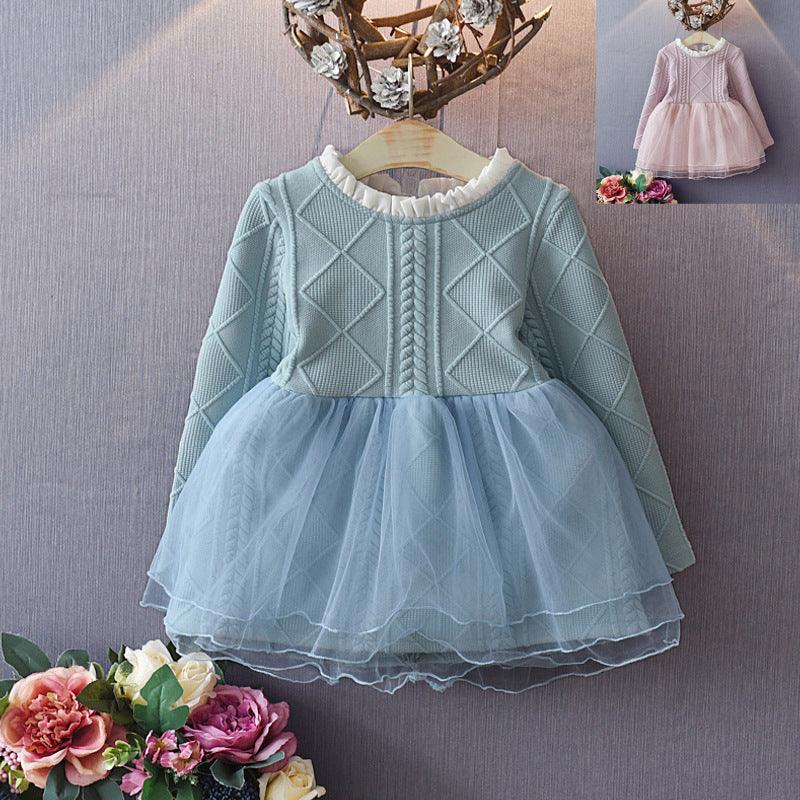 Girls' Dresses With Long Sleeves Splicing Mesh Tulle Tutu - Amazitshop